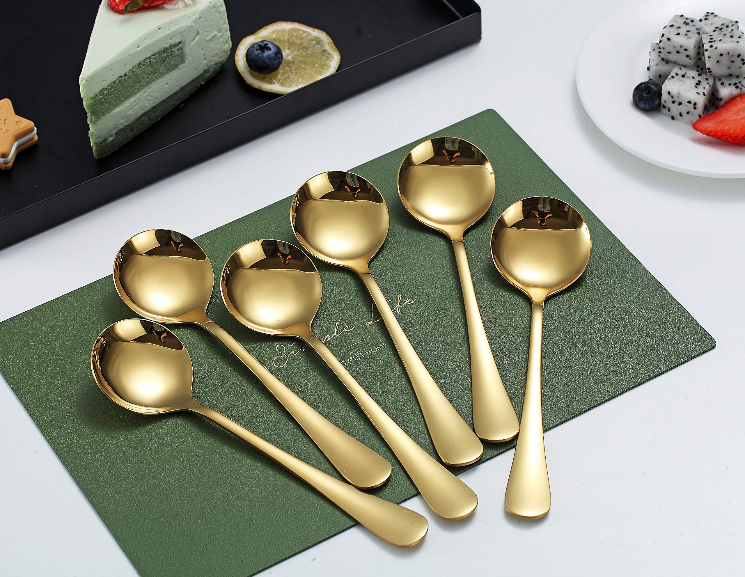 Gold Soup Spoons, Kyraton 6 Pieces Stainless Steel Round Spoons With Gold Titanium Plating, Gold Dinner Spoon Table Spoon, Spoon